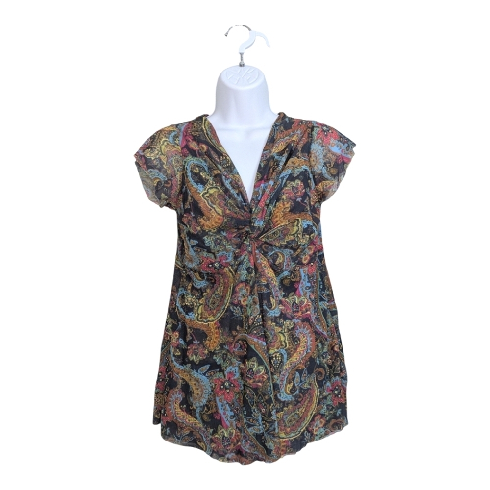 Johnny Heaven Woman Paisley Print Mesh Top Blouse V-Neck Short Cap Sleeve Boho L